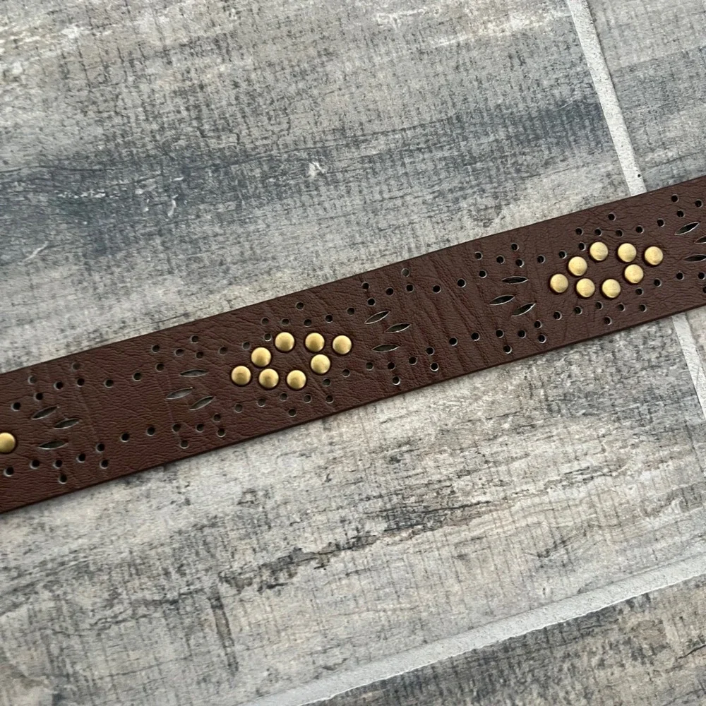 Amiee Lynn Brown Leather Studded Laser Cut Belt Brass Buckle ML